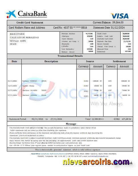 Spain CaixaBank credit card statement scr